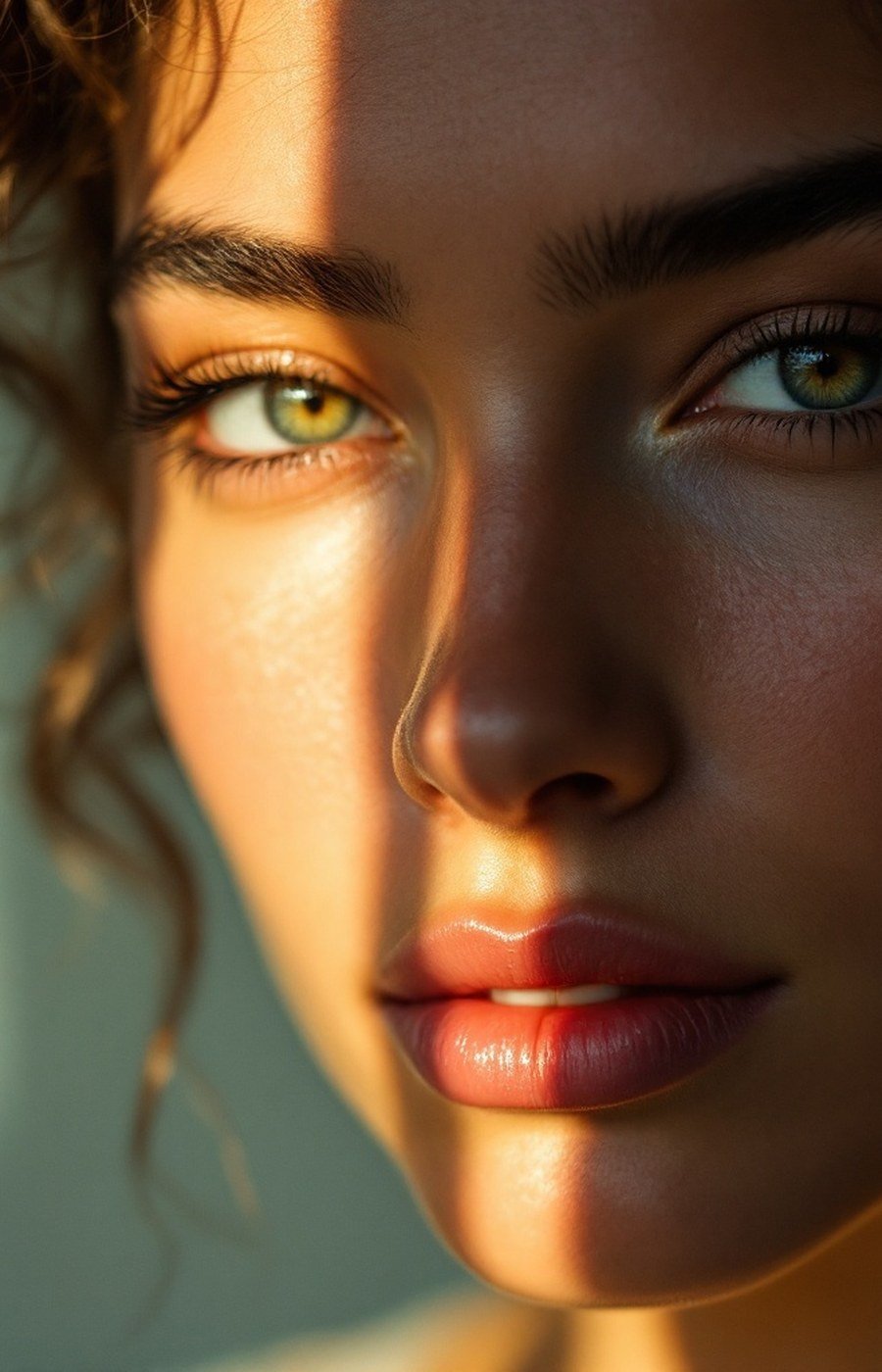 A calm face between light and shadow
