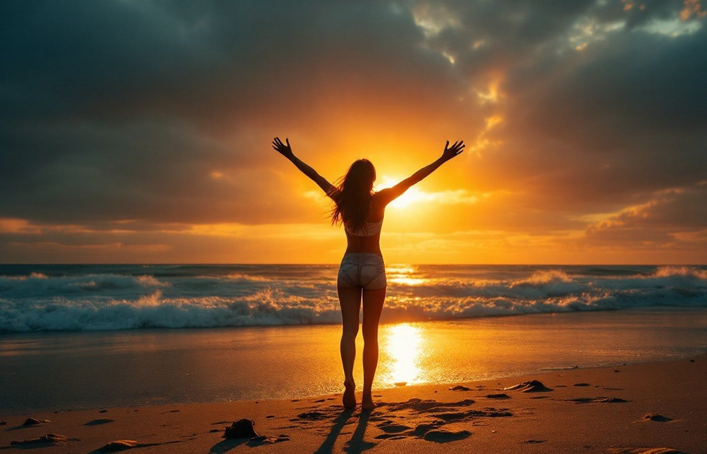 A person with open arms before a golden sunset