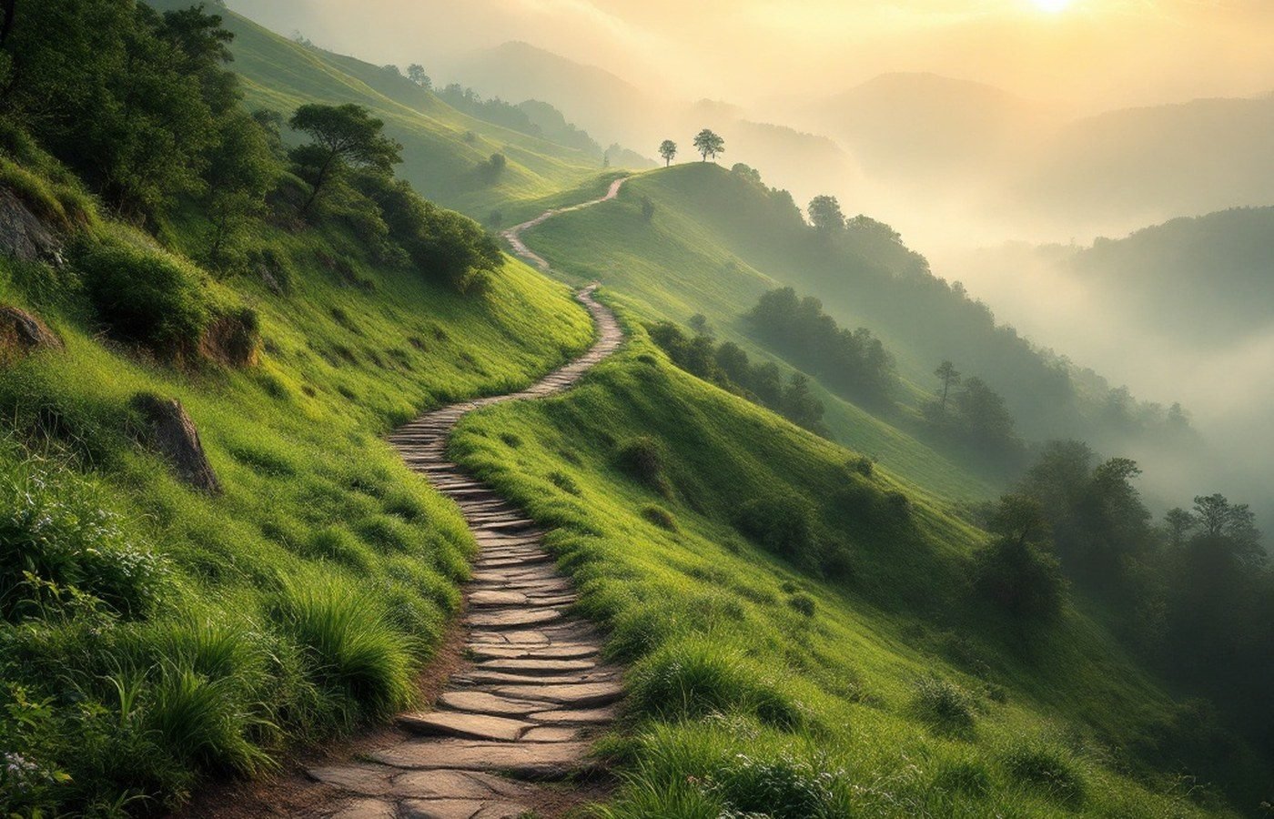A path winding uphill into morning light