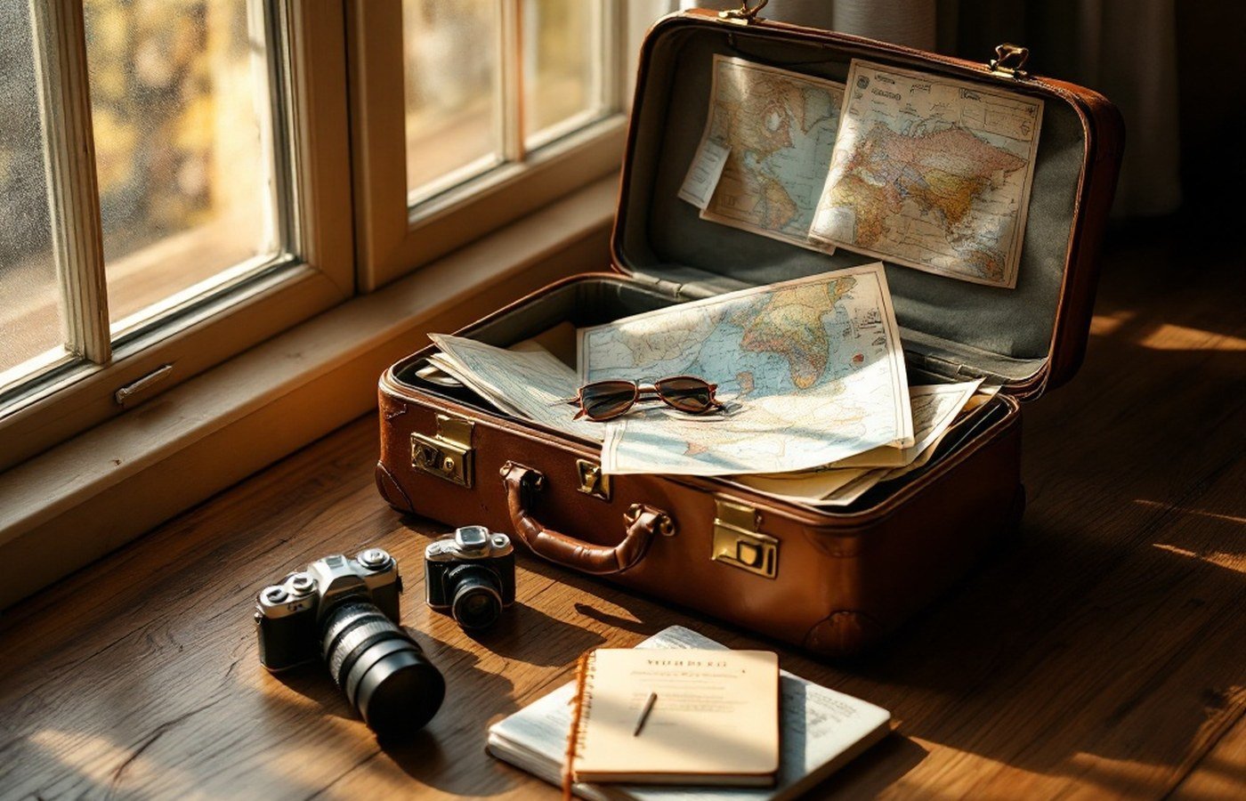A packed suitcase with maps and a camera in golden light
