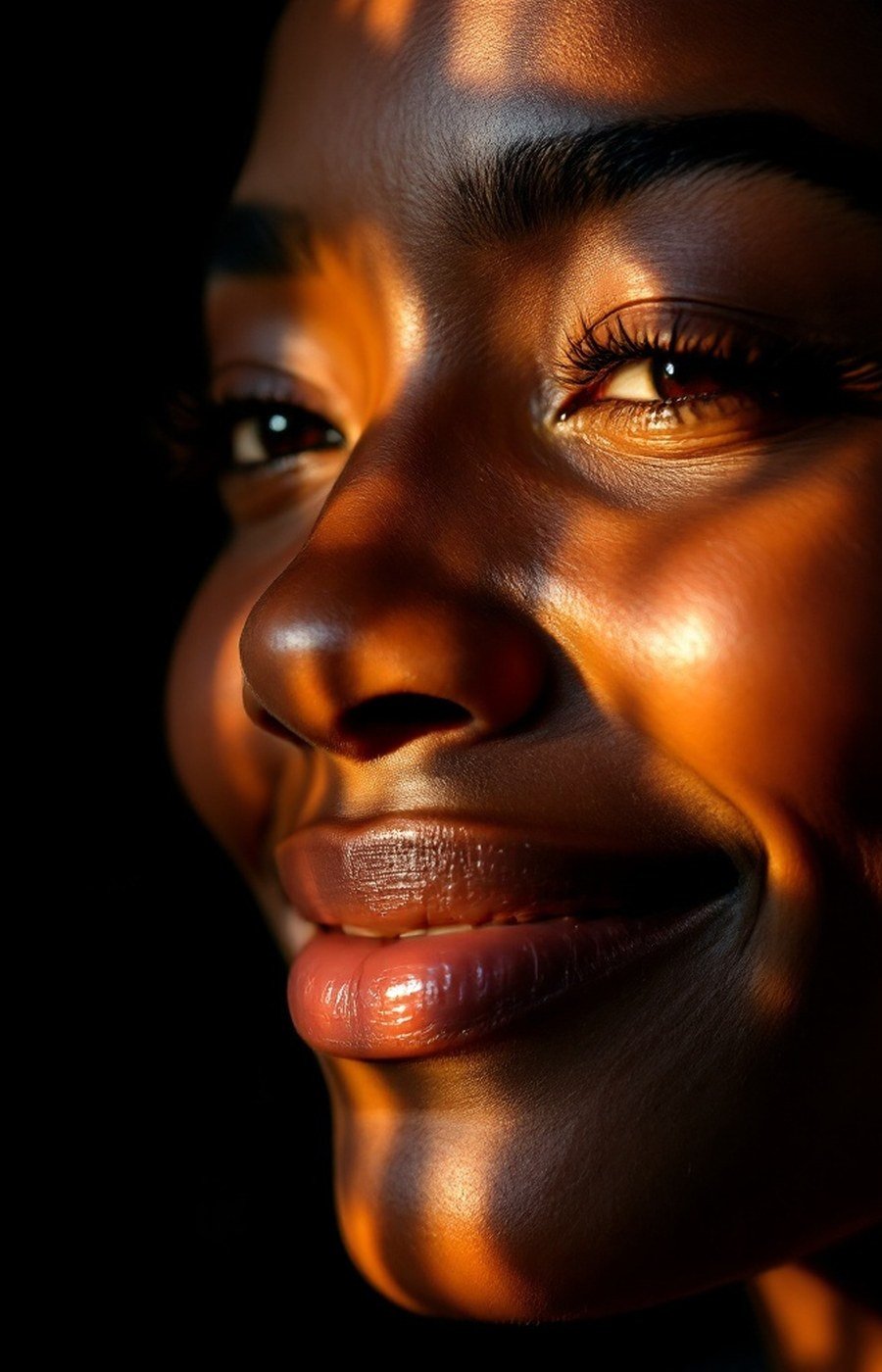 A softly smiling face in warm light