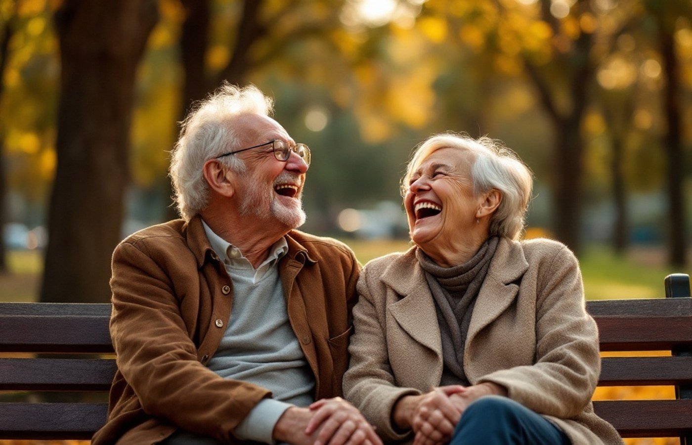 Two friends laughing together on a park bench