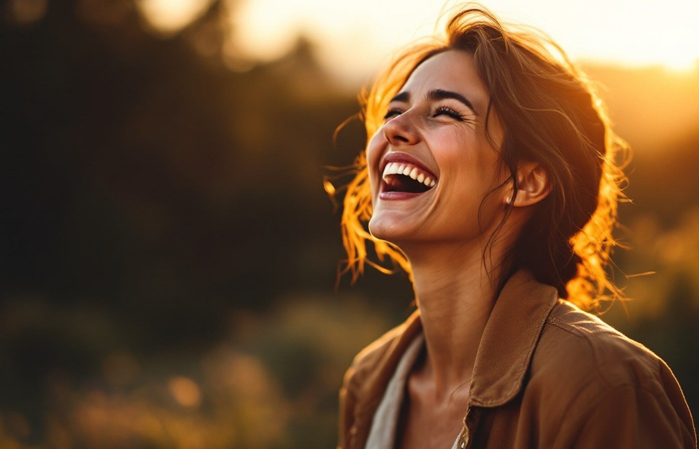 A person laughing in golden evening light