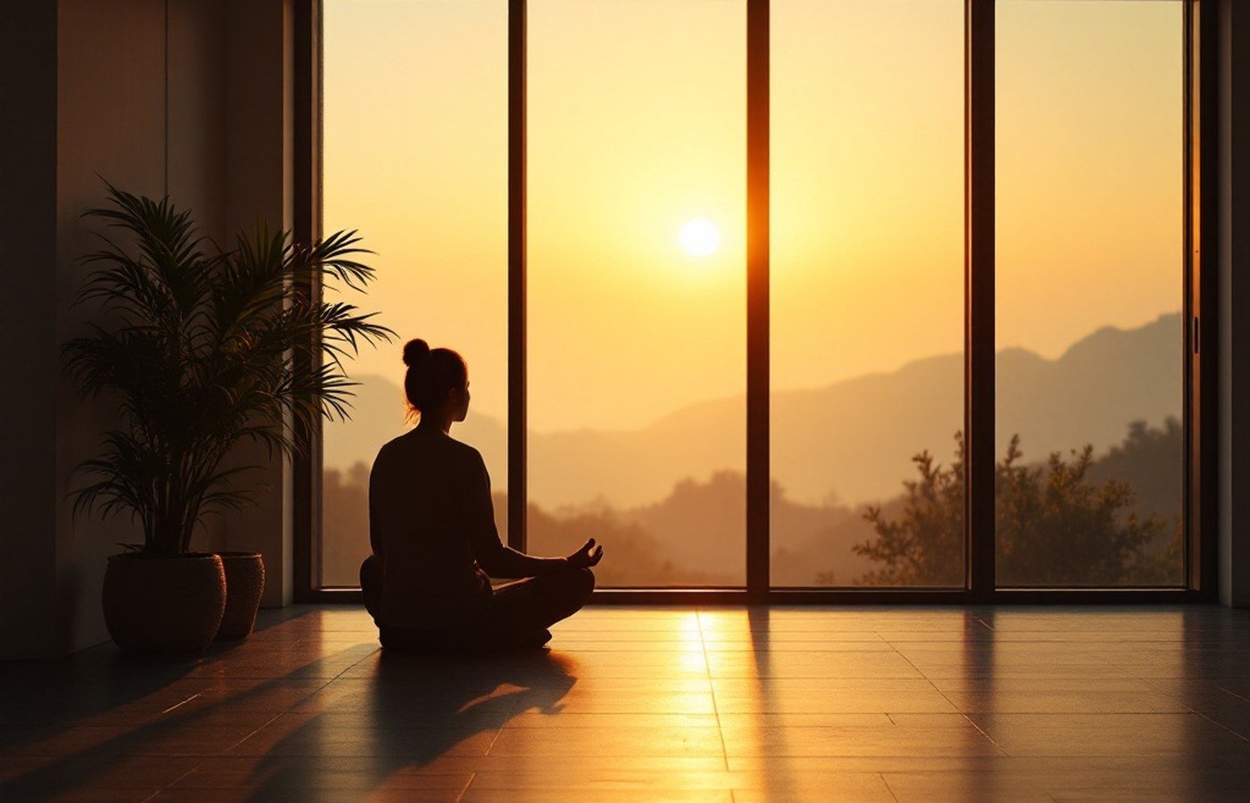 A person meditating alone by a window in warm light