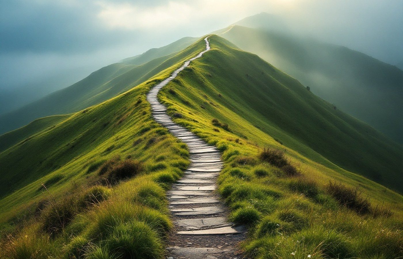 A path winding uphill into morning light