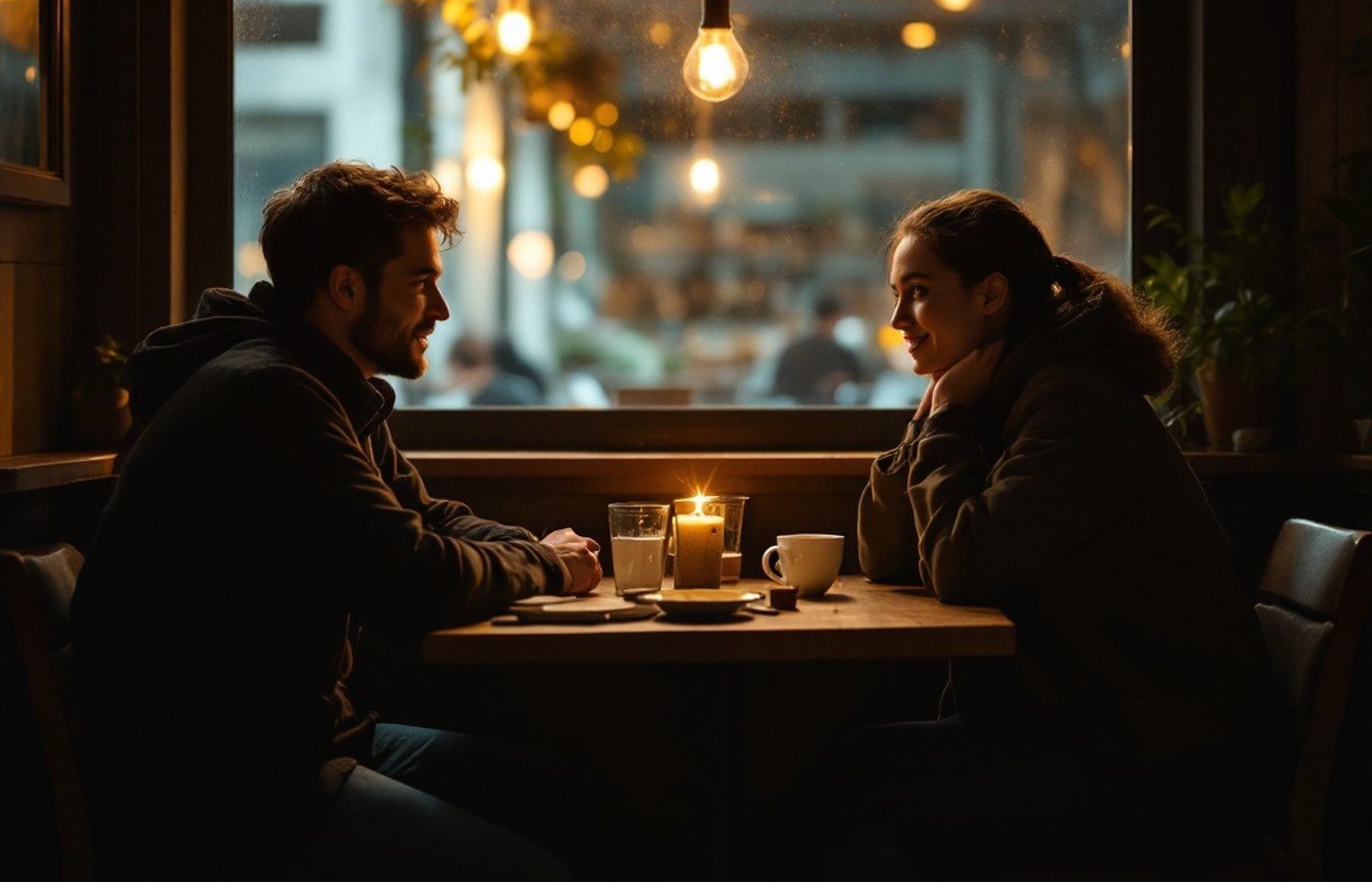 Two friends in sincere conversation at a table