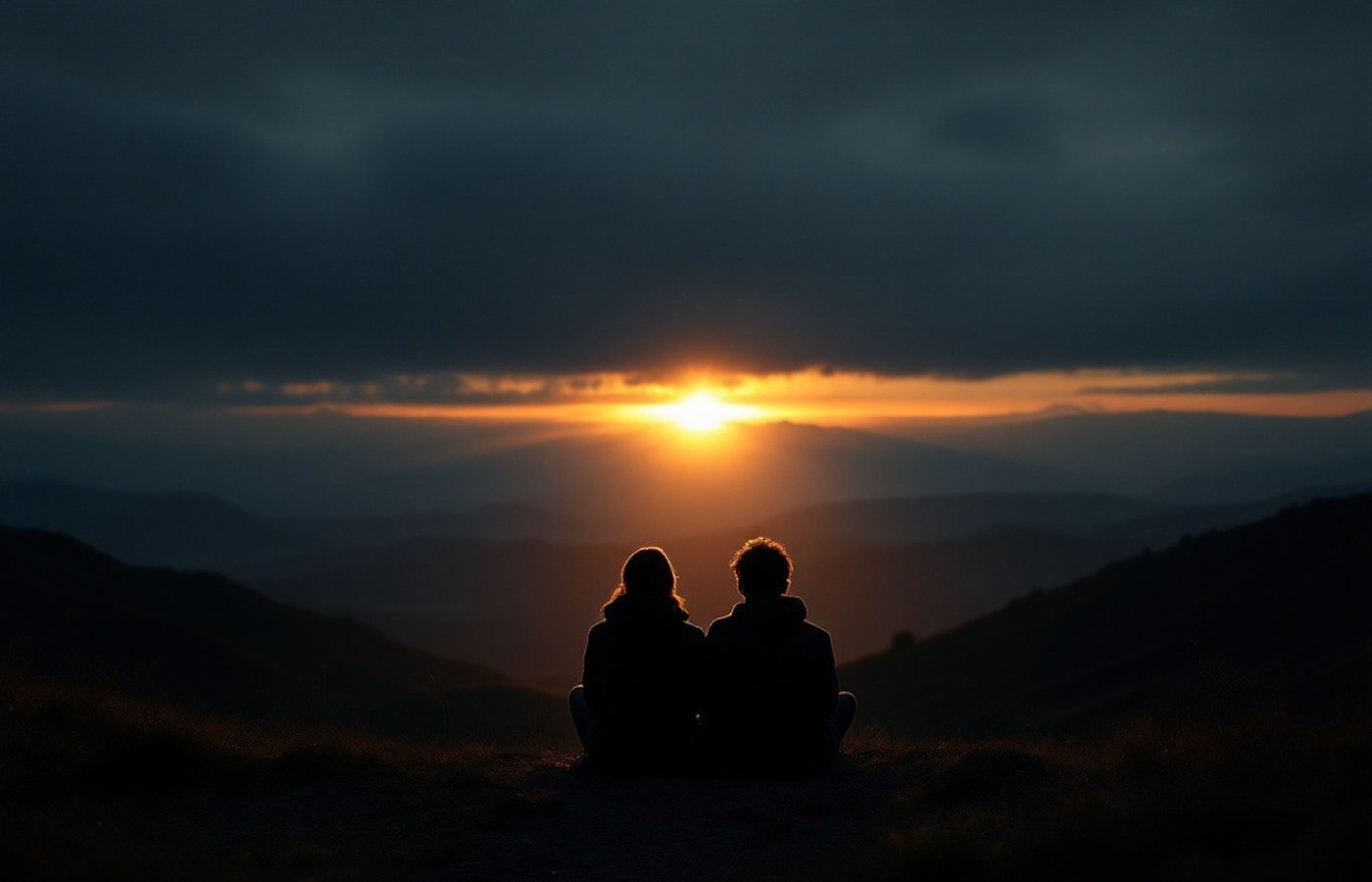 Two figures at dusk, close together beneath a vast sky