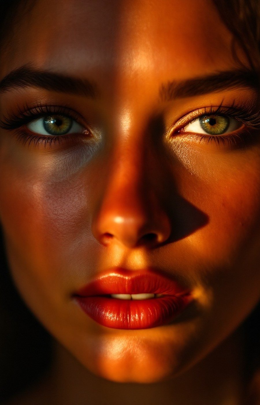 A calm face between light and shadow