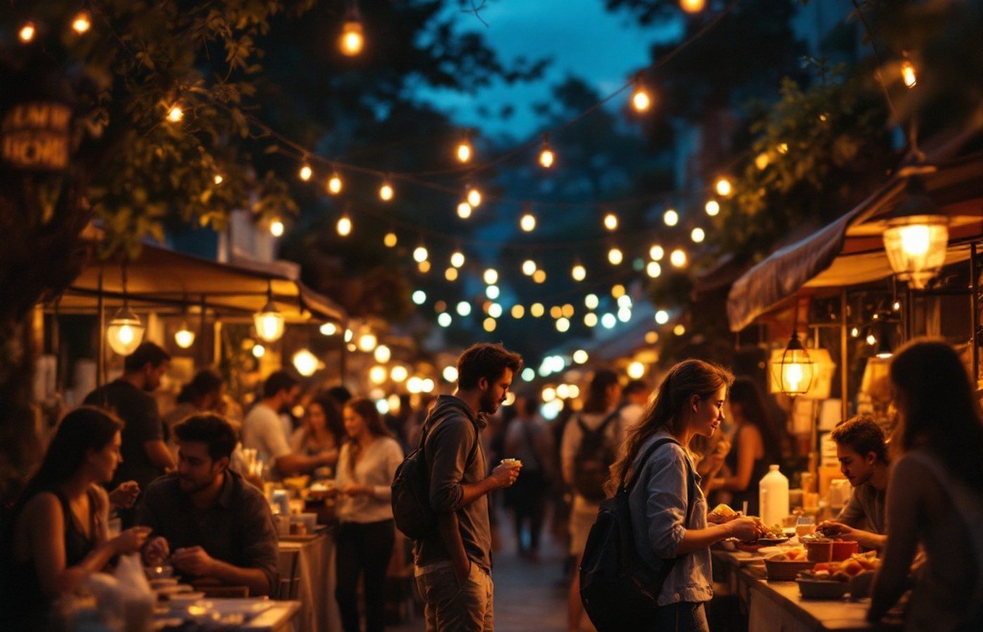 Strangers talking under warm string lights at an evening market