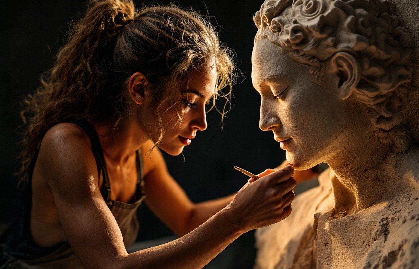 A sculptor carving a likeness from pale stone