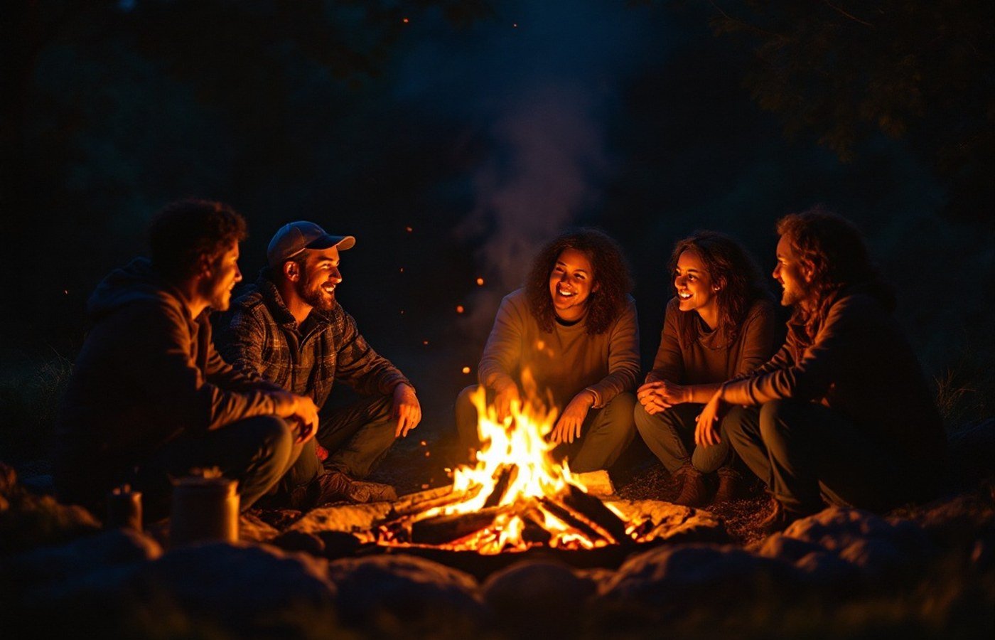 Friends gathered warmly around a fire at night