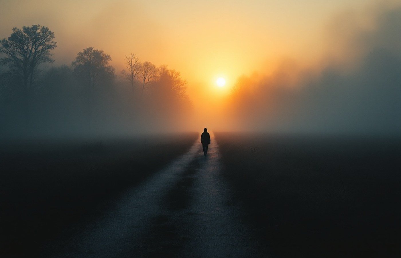 A figure walking out of fog into clearer light