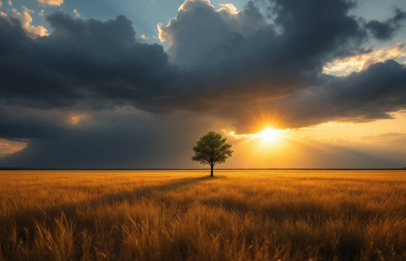 A young tree in a wide field as clouds part to golden light