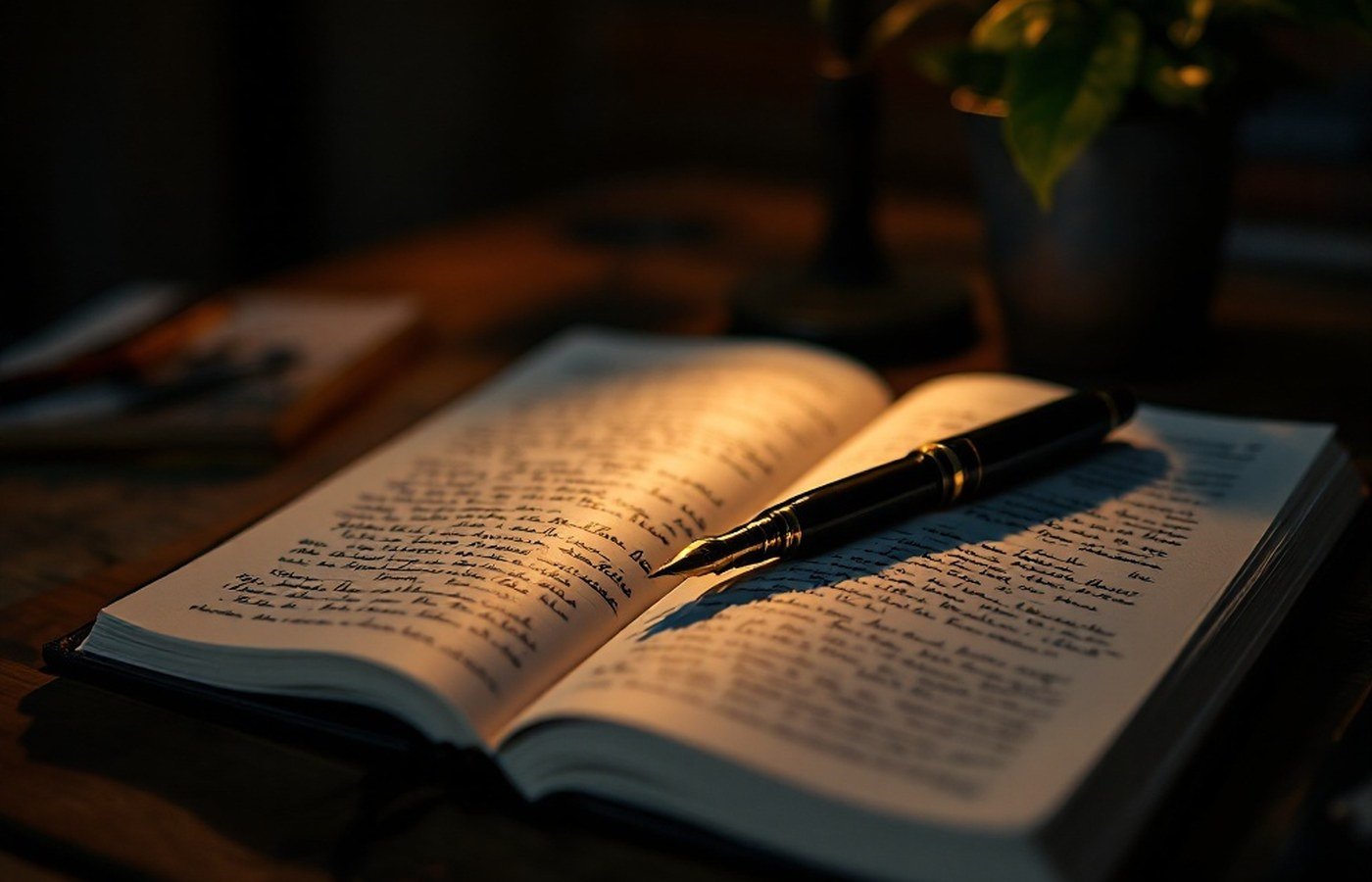 An open journal in a warm pool of lamplight