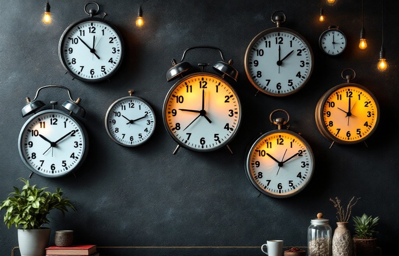 Different clocks showing different times on a dark wall