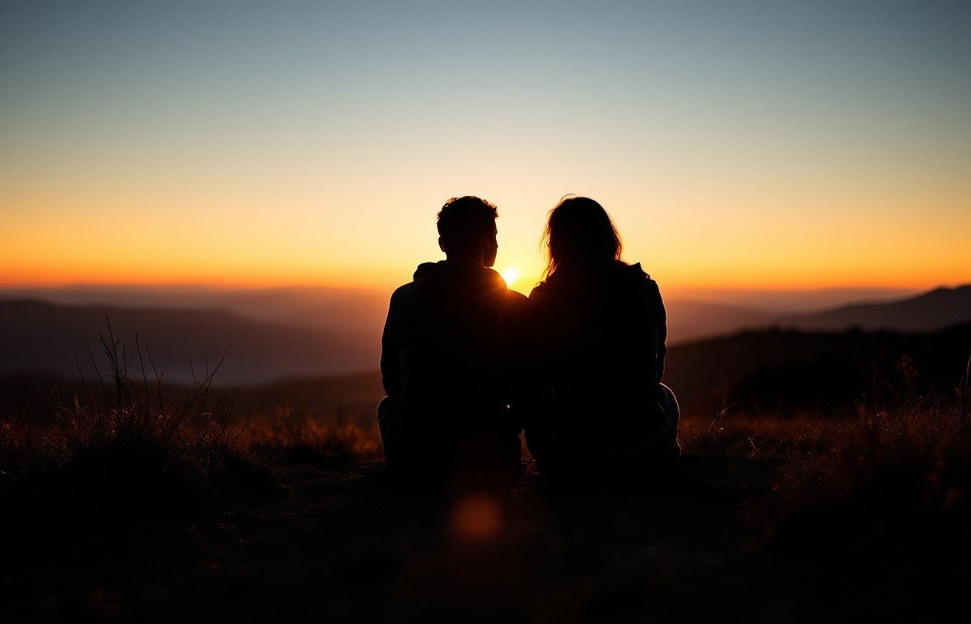 Two figures at dusk, close together