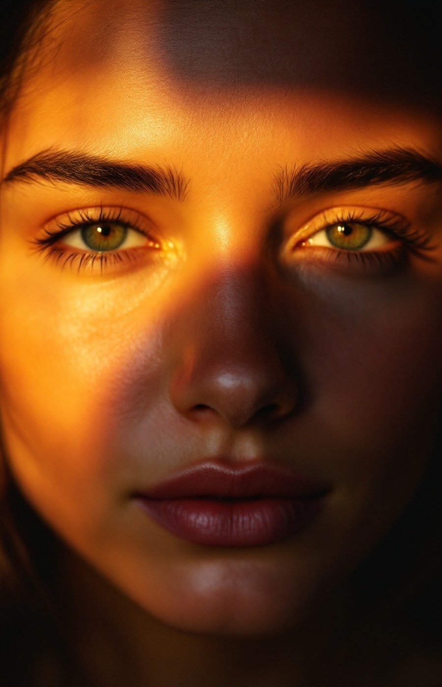 A calm face between light and shadow
