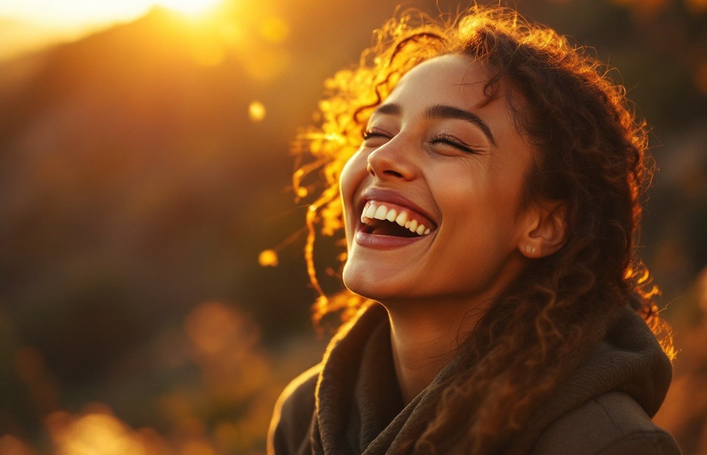 A person laughing in golden evening light