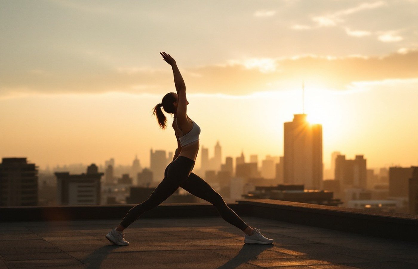 A person greeting the sunrise with a morning stretch