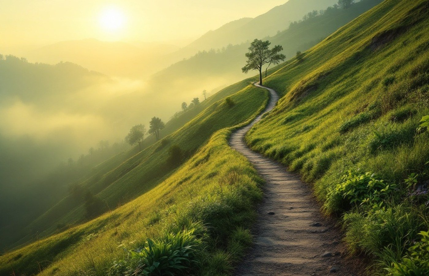 A path winding uphill into morning light