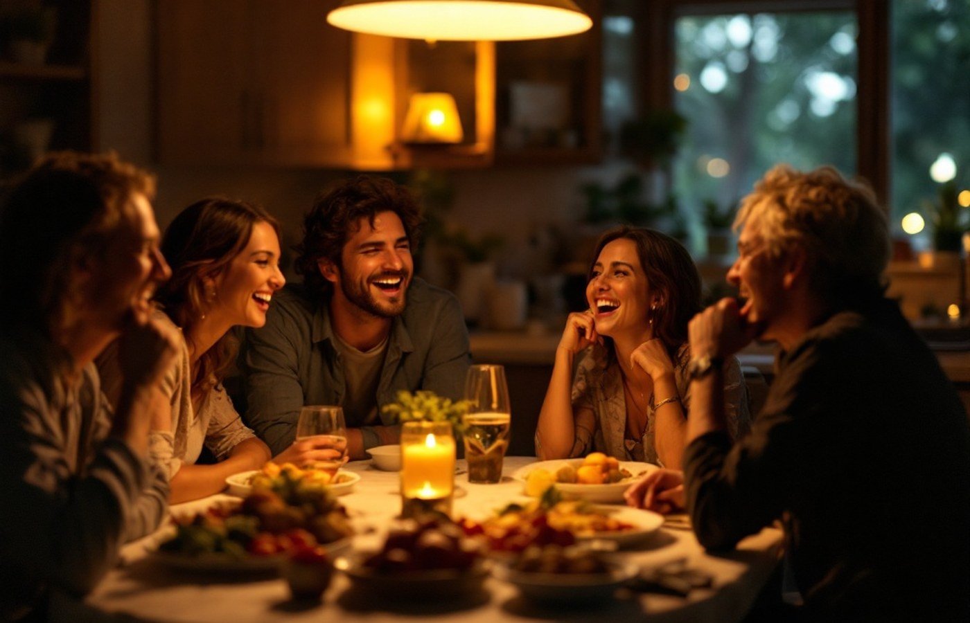 Friends laughing together in warm lamplight