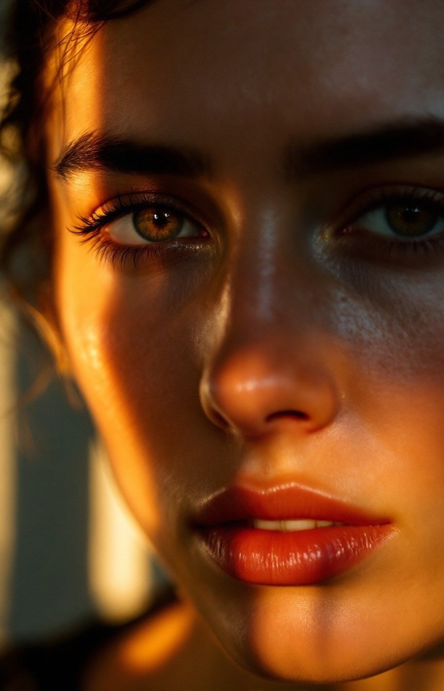 A calm face between light and shadow