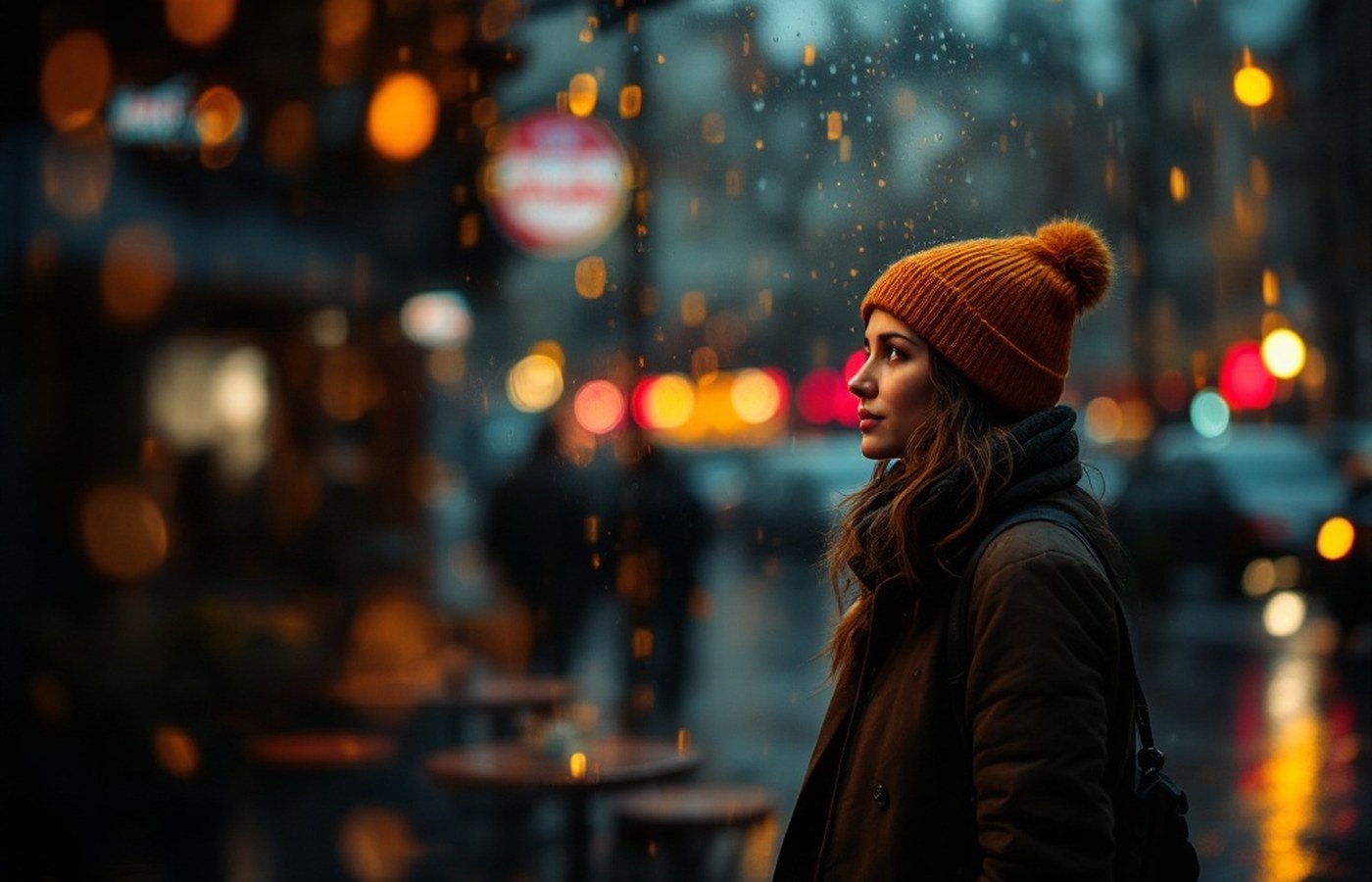 Warm city lights seen through a cafe window