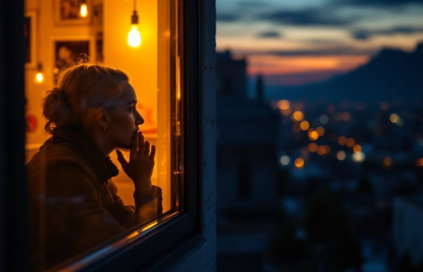 A person studying their reflection in a dusk window