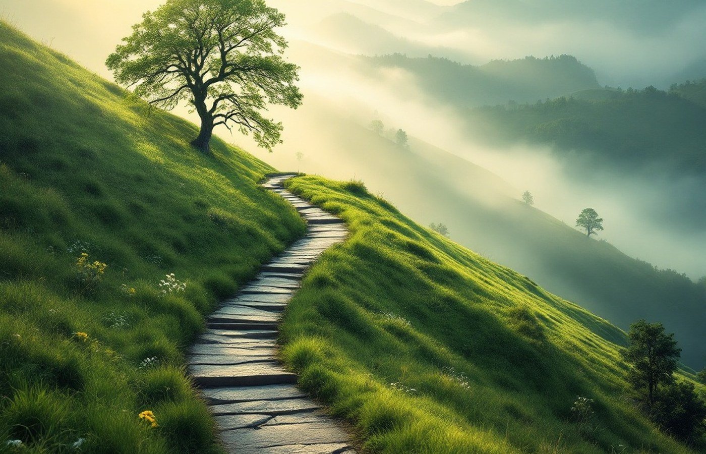 A path winding uphill into morning light