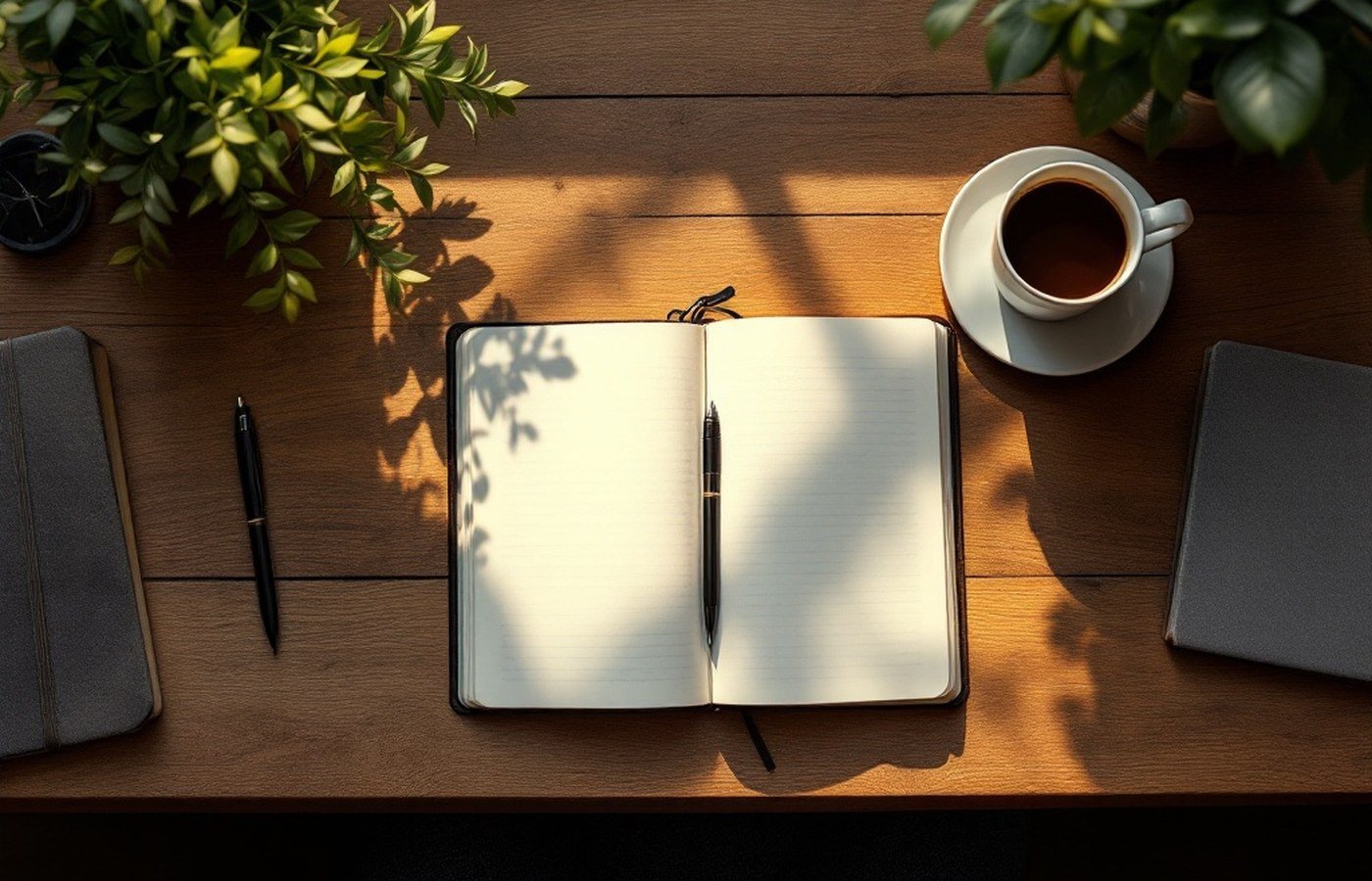 An open notebook on a tidy desk in morning light