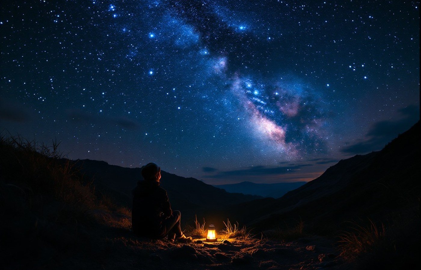 A person under a vast starry sky with a small lantern