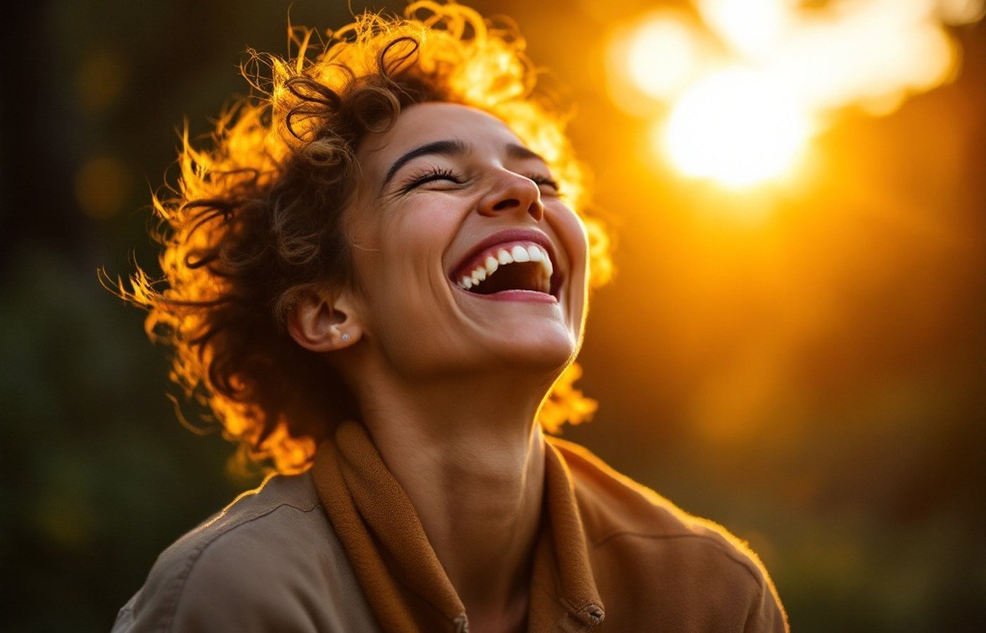 A person laughing in golden evening light