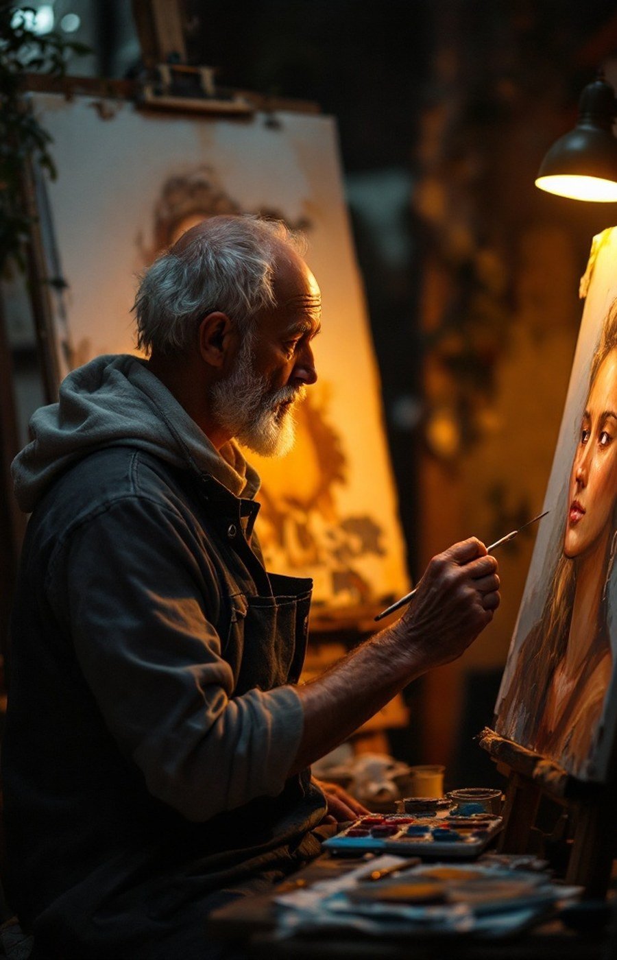 An artist working on a self-portrait in lamplight