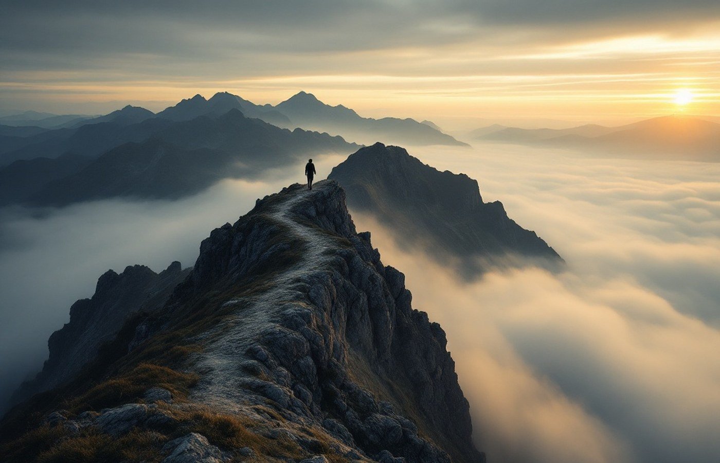 A lone walker on a mountain ridge above the morning mist