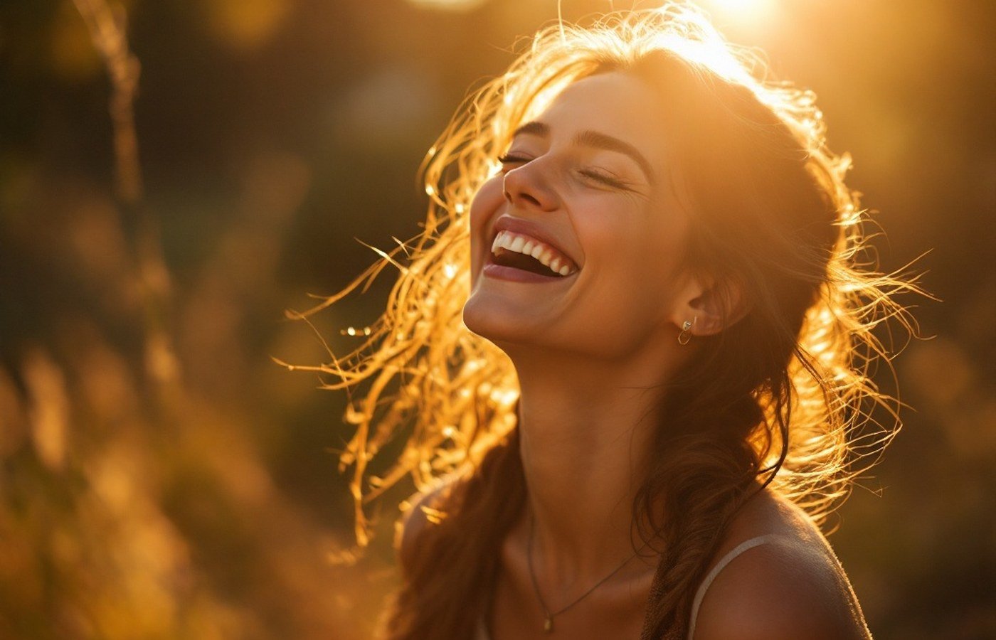 A person laughing in golden evening light