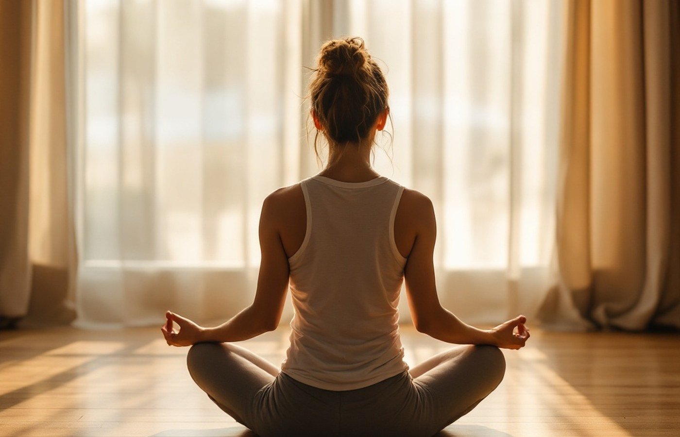 A person meditating peacefully in soft morning light