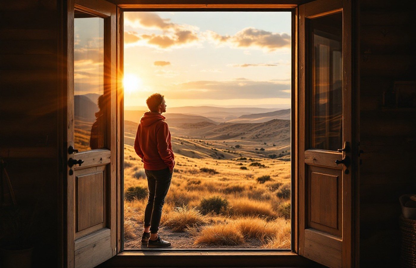 An open door onto a vast golden valley