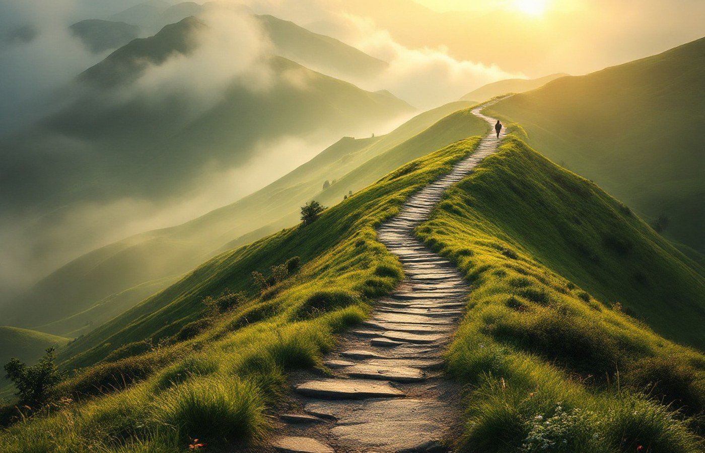 A path winding uphill into morning light
