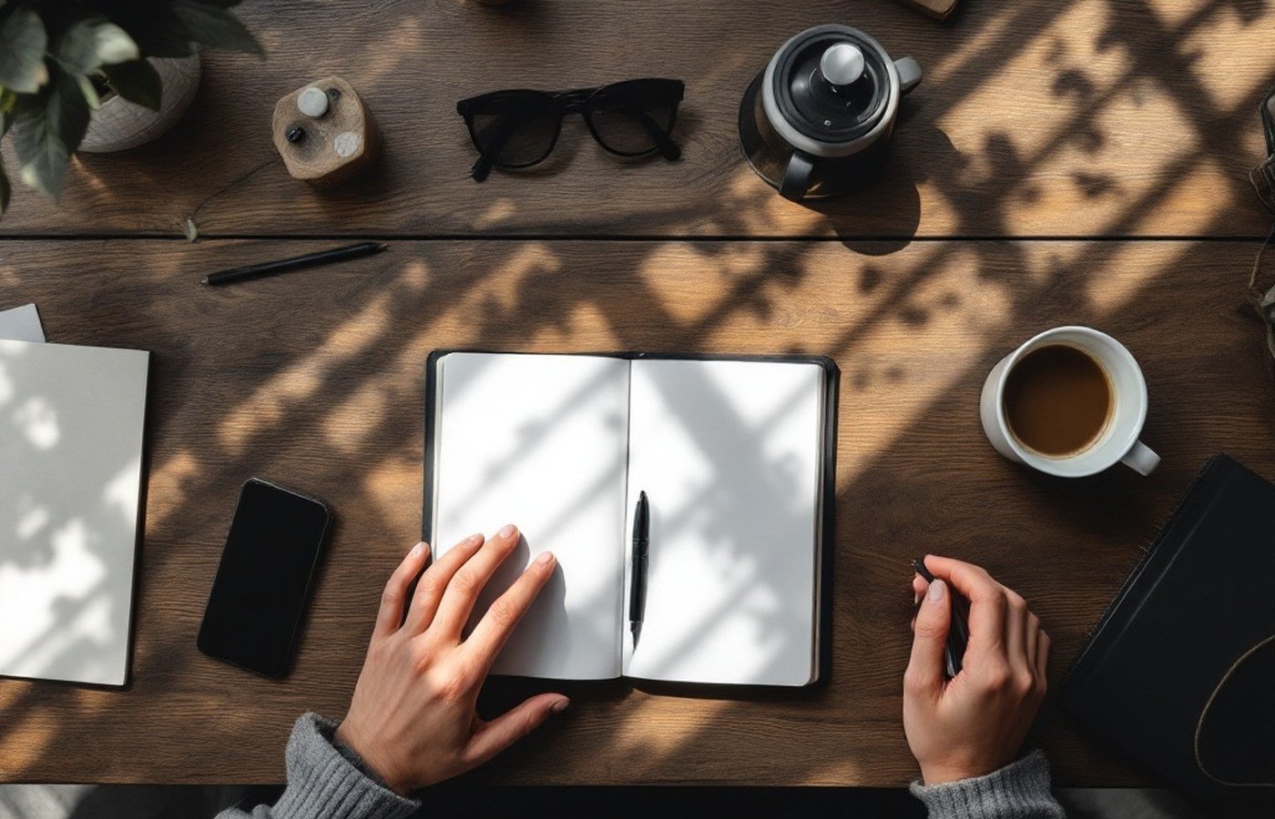 A tidy desk in warm morning light