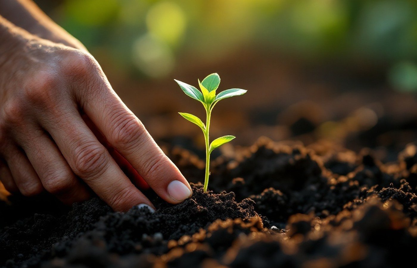 Hands planting a single seedling in dark soil