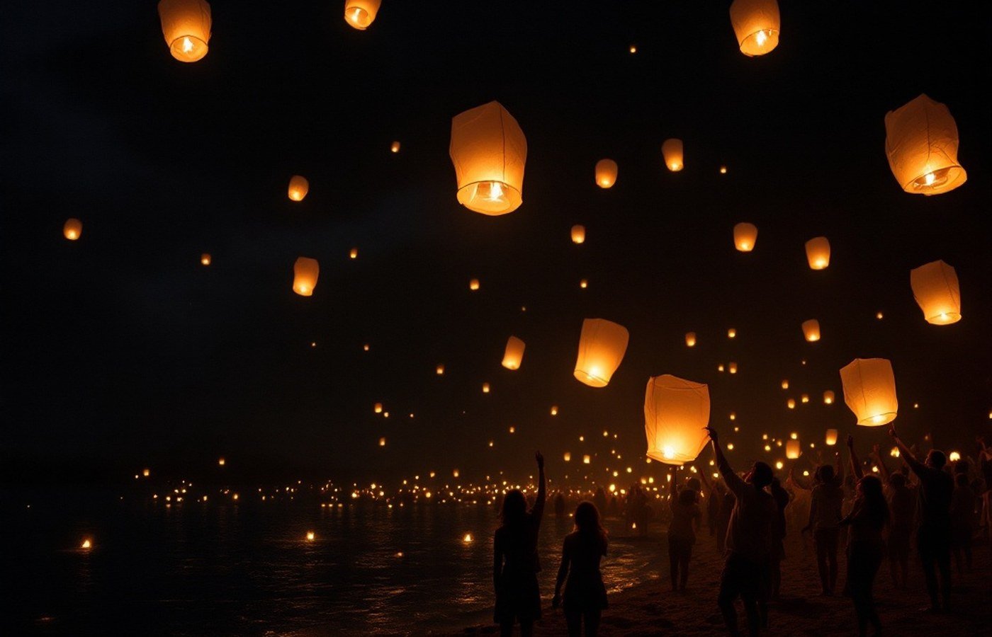 Warm lanterns drifting up into a night sky