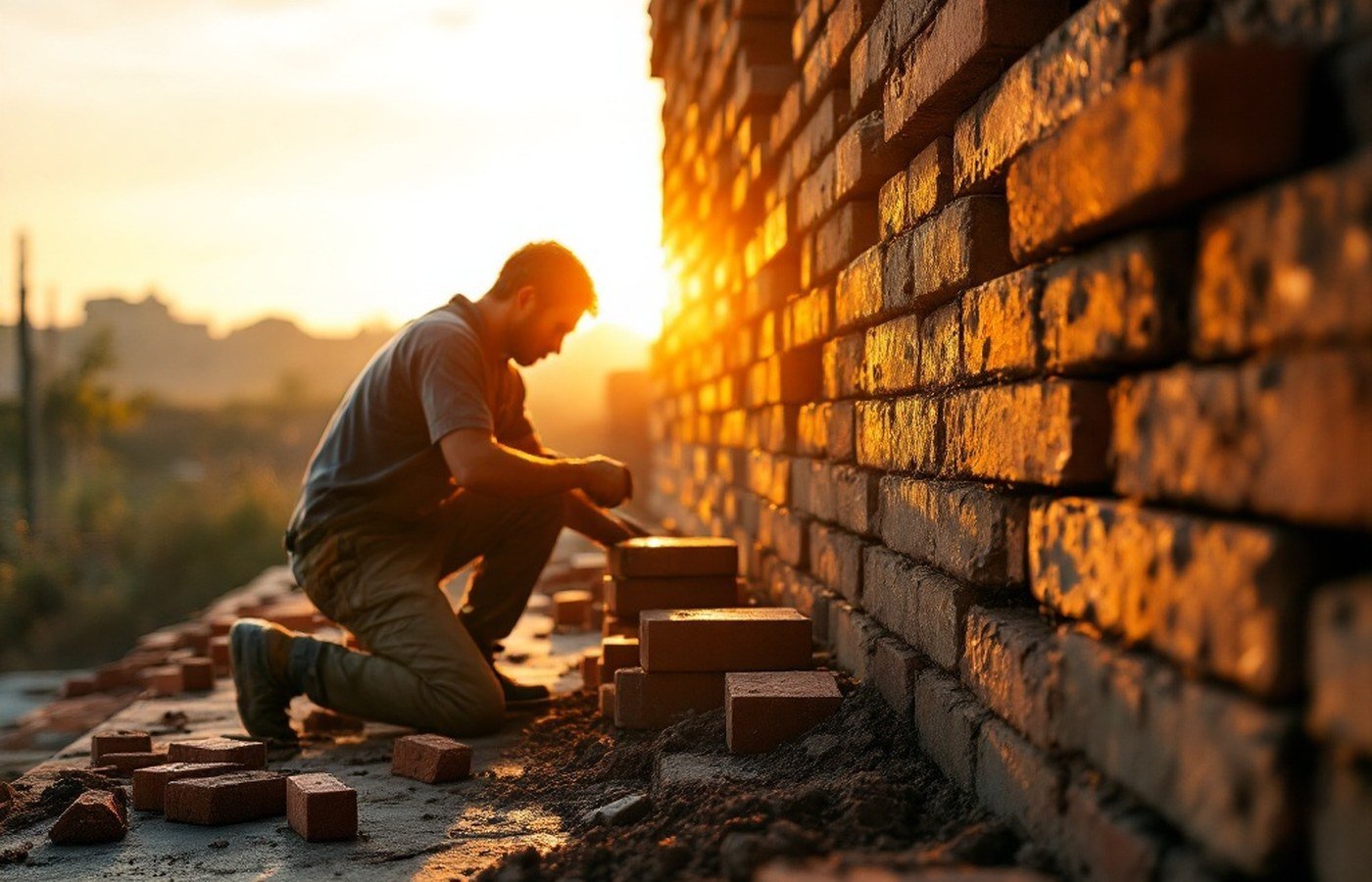 A craftsman laying bricks in raking dawn light
