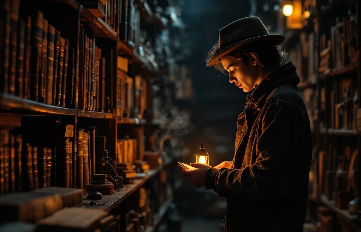 A person exploring a dark library by warm lamplight