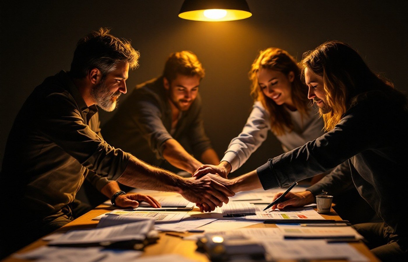 Colleagues joining hands over a worktable of plans