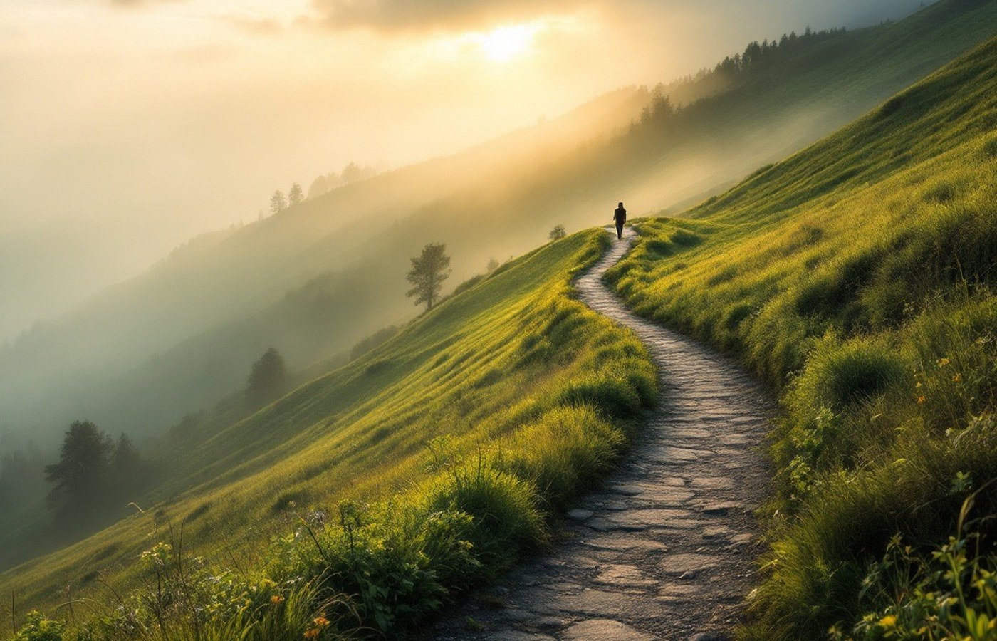 A path winding uphill into morning light