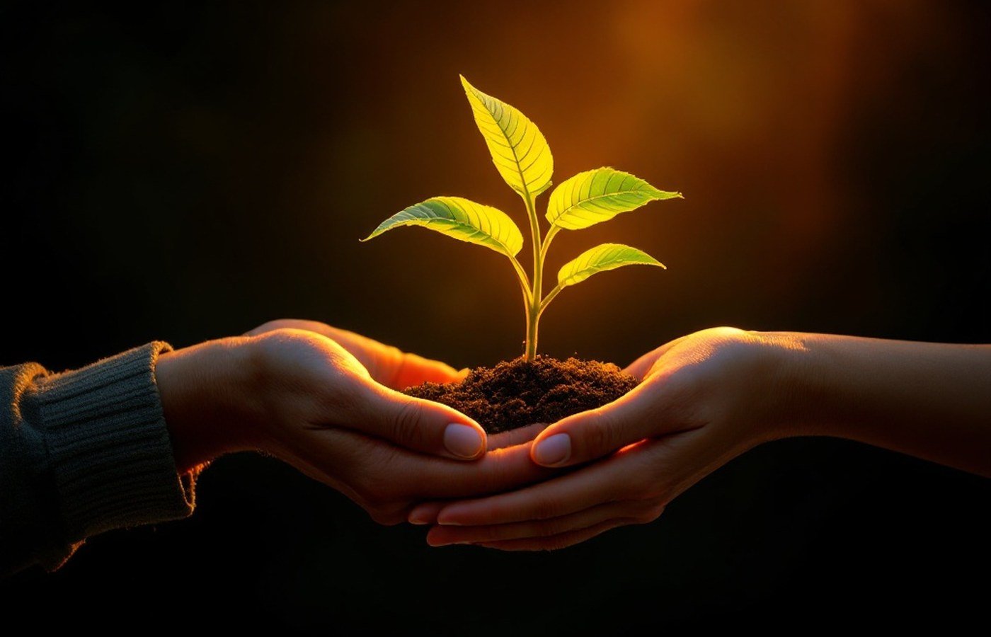 Hands passing a small glowing plant to other hands
