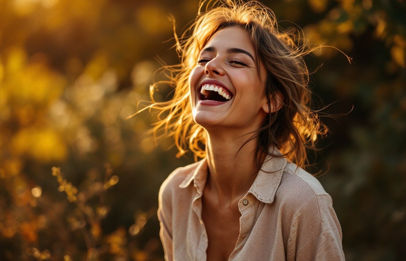 A person laughing in golden evening light