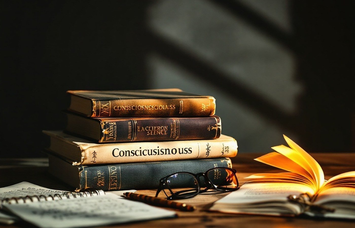 Well-worn books and handwritten notes in warm light