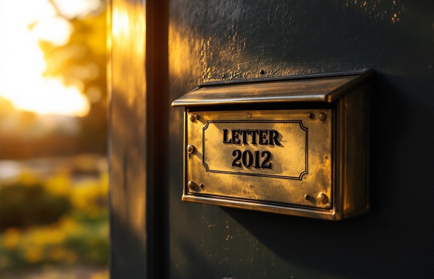 A brass letterbox on a dark door in warm light