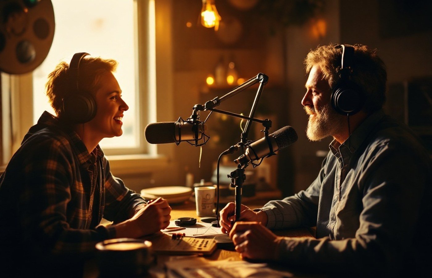 Radio hosts interviewing a guest in a small studio